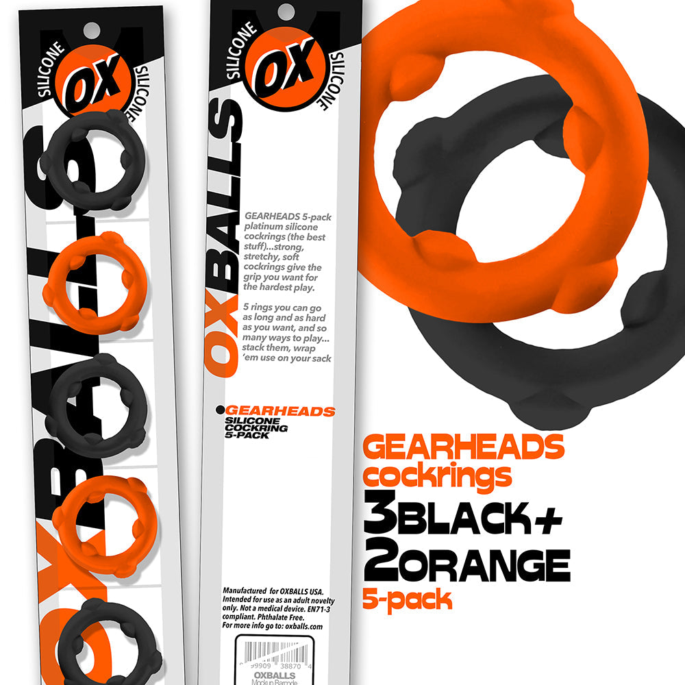 Oxballs Gearheads 5-Pack Cock Ring Set - Orange/Black
